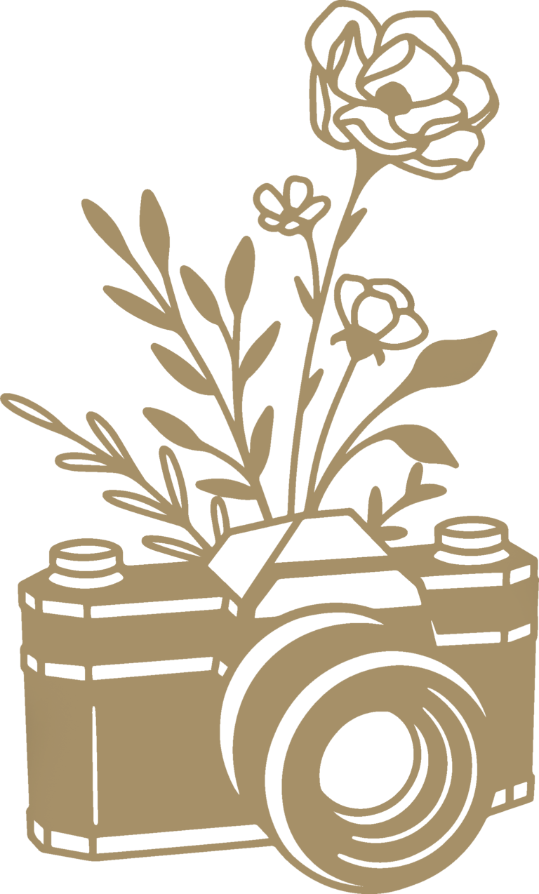 Illustration décorative du site de la photographe de mariage Gaétane Glize représentant un appareil photo ornementé de fleurs sauvages